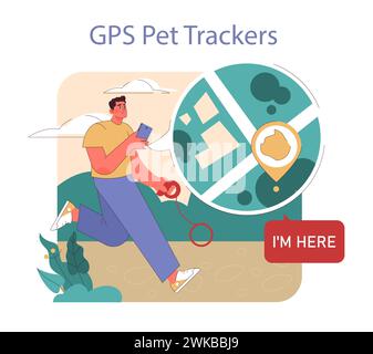 GPS Pet Trackers concept. Owner uses smartphone app for real-time location tracking on a walk. Technology bridging distances. Stock Vector