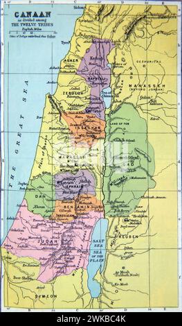 Old Map of Canaan as Divided among the Twelve Tribes in Holy Bible Stock Photo