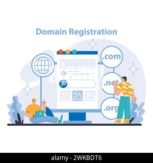 Internet services concept. Domain Registration. Simplifying the process of acquiring online domain names. A gateway to internet presence for businesses and individuals. Flat vector illustration. Stock Vector