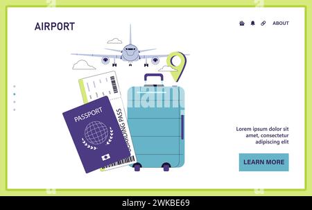 Traveling by plane web or landing. Passport, boarding pass, and luggage prepared for an upcoming flight, with a plane and location marker. International tourism. Flat vector illustration. Stock Vector