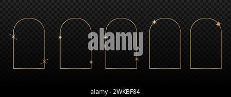 Set of golden boho frames. Collection of aesthetic gold arch shapes with twinkles and sparkles icons. Decorative elements in trendy 80s 90s style. Vintage vignettes. Vector illustration. Stock Vector