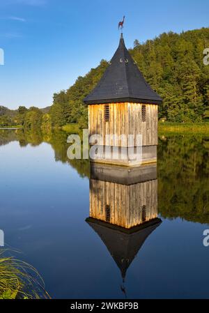 Church in the lake, church spire in the Reiherbach reservoir on Lake Edersee, reminiscent of the old village church of the village, Germany, Hesse, Ke Stock Photo