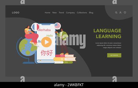 Global linguistics concept. Man and woman learn new words through studying app. Students engaging with diverse languages. World of opportunities unlocked through language learning. Flat vector Stock Vector