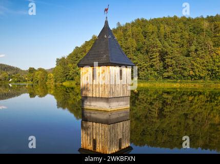 Church in the lake, church spire in the Reiherbach reservoir on Lake Edersee, reminiscent of the old village church of the village, Germany, Hesse, Ke Stock Photo