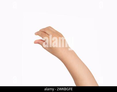 Studio shot of a boy hand hanging something blank isolated on a white background Stock Photo