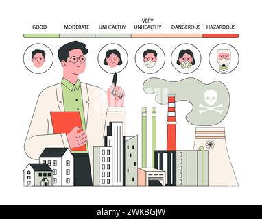 Air pollution index measurement. Scientist explains the health impact of factory emissions with an air quality index chart ranging from good to hazardous. Flat vector illustration. Stock Vector