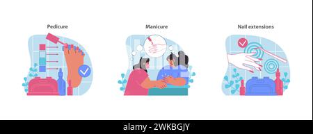 Nail care collection. Detailed pedicure and manicure processes with nail extensions for a perfect finish. Flat vector illustration. Stock Vector