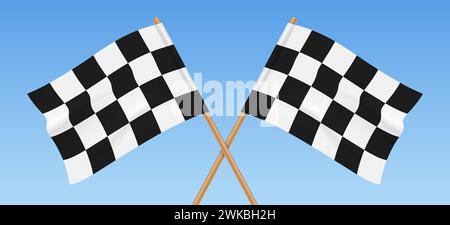 Two checkered racing flags crossed on a blue background, symbolizing the start or finish of a car race event, vector illustration. Stock Vector