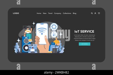 Smart Home Technology web or landing page. Integrated IoT services for connected devices. Enhancing home automation and security. Streamlined control through mobile applications. Vector illustration. Stock Vector