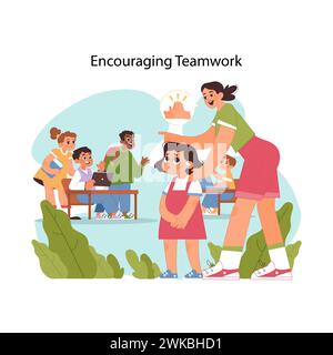 Teamwork dynamics concept. Teacher encouraging shy schoolgirl with hearing aid to participate in group project in class. Promoting collaborative learning. Supportive environment. Flat vector Stock Vector