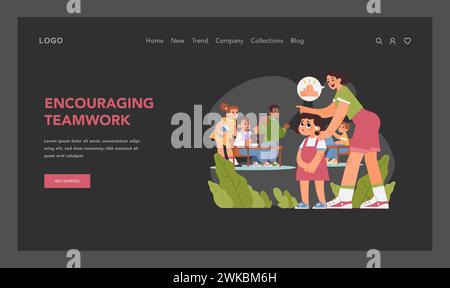 Teamwork dynamics concept. Teacher encouraging shy schoolgirl with hearing aid to participate in group project in class. Promoting collaborative learning. Supportive environment. Flat vector Stock Vector