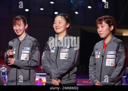 (L to R) Miwa Harimoto, Hina Hayata, Miu Hirano (JPN), FEBRUARY 23 ...