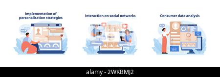 Interactive Engagement set. Digital marketing professionals implementing personalization, engaging on social media, and analyzing consumer data. Strategic online interaction. Flat vector. Stock Vector