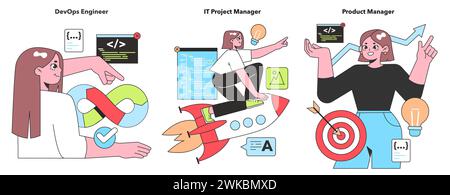 Illustration of IT roles with a DevOps Engineer integrating systems, an IT Project Manager steering projects, and a Product Manager targeting success Stock Vector