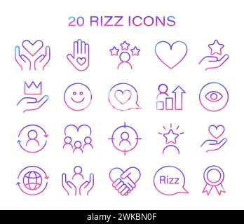 Rizz icon set. Minimalist line icons representing various aspects of social interaction and personal growth. Symbols of care, success, and vision. Vector illustration. Stock Vector