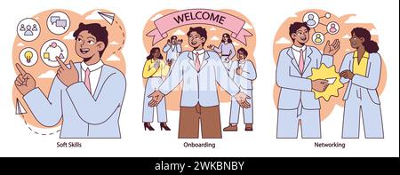 First Job set. Navigating soft skills, welcoming onboarding experience, and building professional networks. The first steps to a thriving career path. Vector illustration. Stock Vector
