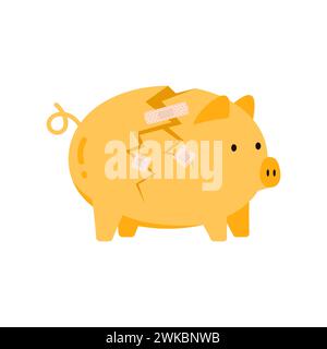 Adhesive tapes fix crack in piggy bank, broken yellow pig moneybox vector illustration Stock Vector