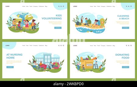 Kids volunteering set. Young volunteers in action, helping community. Food donation, senior support, park cleanup, pet care, playing with orphans. Active youth engagement. Vector illustration Stock Vector