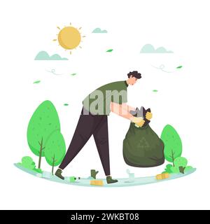Picking up trash with clean the earth from rubbish flat illustration Stock Vector