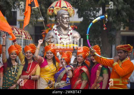 India. 19th Feb, 2024. GURUGRAM, INDIA - FEBRUARY 19: Maharashtrian people celebrate the Chhatrapati Shivaji Maharaj birth anniversary at sector-40 community center near Huda Market on Feburary 19, 2024 in Gurugram, India. Chhatrapati Shivaji Maharaj is one of the greatest Maratha rulers who carved an enclave from Bijapur's Adilshahi sultanate that marked the beginning of the Maratha Empire. (Photo by Parveen Kumar/Hindustan Times/Sipa USA) Credit: Sipa USA/Alamy Live News Stock Photo