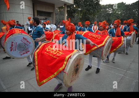 India. 19th Feb, 2024. GURUGRAM, INDIA - FEBRUARY 19: Maharashtrian people celebrate the Chhatrapati Shivaji Maharaj birth anniversary at sector-40 community center near Huda Market on Feburary 19, 2024 in Gurugram, India. Chhatrapati Shivaji Maharaj is one of the greatest Maratha rulers who carved an enclave from Bijapur's Adilshahi sultanate that marked the beginning of the Maratha Empire. (Photo by Parveen Kumar/Hindustan Times/Sipa USA) Credit: Sipa USA/Alamy Live News Stock Photo