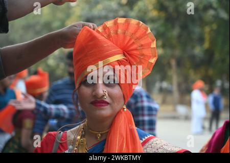 India. 19th Feb, 2024. GURUGRAM, INDIA - FEBRUARY 19: Maharashtrian people celebrate the Chhatrapati Shivaji Maharaj birth anniversary at sector-40 community center near Huda Market on Feburary 19, 2024 in Gurugram, India. Chhatrapati Shivaji Maharaj is one of the greatest Maratha rulers who carved an enclave from Bijapur's Adilshahi sultanate that marked the beginning of the Maratha Empire. (Photo by Parveen Kumar/Hindustan Times/Sipa USA) Credit: Sipa USA/Alamy Live News Stock Photo