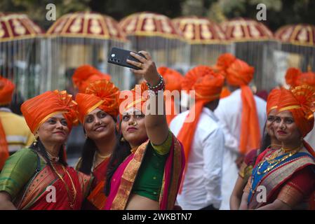 India. 19th Feb, 2024. GURUGRAM, INDIA - FEBRUARY 19: Maharashtrian people celebrate the Chhatrapati Shivaji Maharaj birth anniversary at sector-40 community center near Huda Market on Feburary 19, 2024 in Gurugram, India. Chhatrapati Shivaji Maharaj is one of the greatest Maratha rulers who carved an enclave from Bijapur's Adilshahi sultanate that marked the beginning of the Maratha Empire. (Photo by Parveen Kumar/Hindustan Times/Sipa USA) Credit: Sipa USA/Alamy Live News Stock Photo