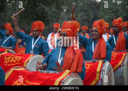 India. 19th Feb, 2024. GURUGRAM, INDIA - FEBRUARY 19: Maharashtrian people celebrate the Chhatrapati Shivaji Maharaj birth anniversary at sector-40 community center near Huda Market on Feburary 19, 2024 in Gurugram, India. Chhatrapati Shivaji Maharaj is one of the greatest Maratha rulers who carved an enclave from Bijapur's Adilshahi sultanate that marked the beginning of the Maratha Empire. (Photo by Parveen Kumar/Hindustan Times/Sipa USA) Credit: Sipa USA/Alamy Live News Stock Photo