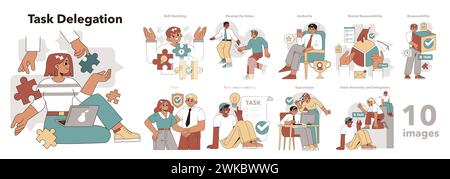 Task Delegation set. A series of illustrations showcasing team collaboration, leadership, and effective management in delegating responsibilities. Vector illustration. Stock Vector