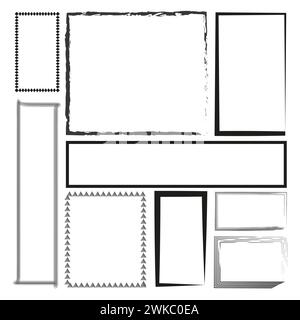 Diverse rectangular frames. Borders featuring clean geometric shapes. Rectangular frames to grunge brush strokes. Vector illustration. EPS 10. Stock Vector