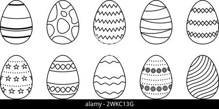 Black and white Easter eggs set. Spring linear egg icons with different pattern ornaments. Doodle style Easter illustration pack for card, invitation, print, sticker, banner, poster. Vector bundle Stock Vector
