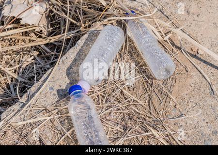 Three plastic water bottles left on concrete walkway in wilderness park in South Korea Stock Photo