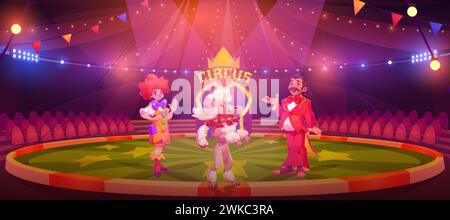 Circus stage with artists inviting for performance. Vector cartoon illustration of female clown on costume, male magician and trained poodle dog stand Stock Vector