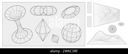 Y2k monochrome grid abstract shape and waved surface. Vector set of retro futuristic wireframe geometric forms and symbols. Simple wire elements and f Stock Vector