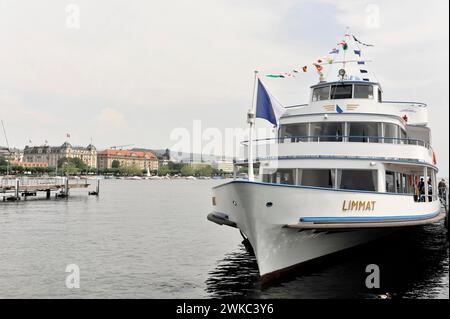 Excursion boat LIMMAT, boat landing stage in the harbour of Zurich, Lake Zurich, Switzerland Stock Photo