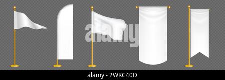 Set of white silk flags on golden poles isolated on transparent background. Vector realistic illustration of triangular and rectangular pennants, blan Stock Vector