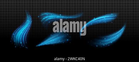 Set of cool air flow effects isolated on transparent background. Vector realistic illustration of blue light waves with shimmering particles, cold win Stock Vector