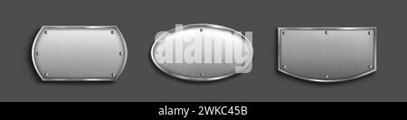 Set of steel tags with blank metal surface isolated on black background. Vector realistic illustration of silver or iron bolted plates, shiny button f Stock Vector