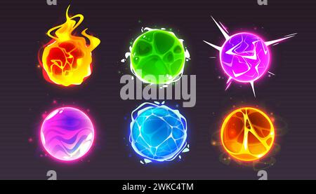 Magic orb ball game icon with fire glow effect. Crystal power sphere and lava fireball with lightning electric element. Neon cristal plasma bubble. Wi Stock Vector