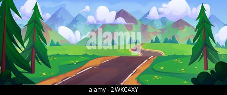 Empty curve asphalt road among green trees and grass, mountains and blue sky with clouds. Cartoon summer vector landscape of highway in forest lead to Stock Vector