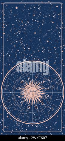 Mystical astrology card, Wheel with zodiac signs, constellations and astrological symbols. Vintage banner with copy space on blue background, vector i Stock Vector