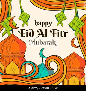 hand drawn happy eid al fitr mubarak illustration greeting cards Stock Vector