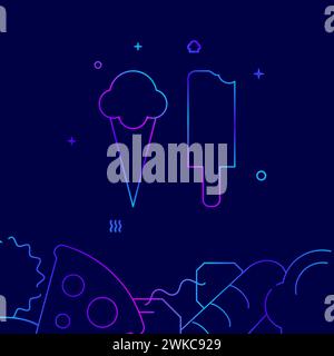 Ice cream, popsicle gradient line vector icon, simple illustration on a dark blue background, fast food related bottom border. Stock Vector