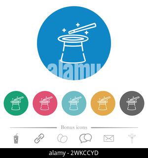 Magic hat and wand outline flat white icons on round color backgrounds. 6 bonus icons included. Stock Vector