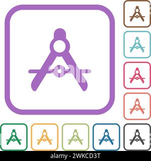 Protractor solid simple icons in color rounded square frames on white background Stock Vector