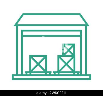 Small warehouse with boxes. Outline icon isolated on white background. Part of supply chain. Vector illustration. Stock Vector