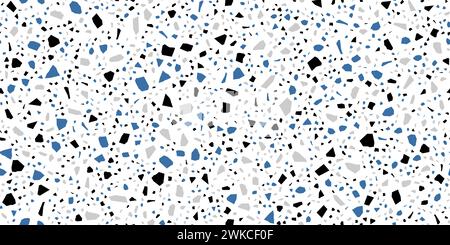 Terrazzo ceramic tile pattern of black, blue and grey marble stone mosaic, vector background. Terazzo or terrazo floor texture with broken marble stones and ceramic pieces in abstract geometric shapes Stock Vector