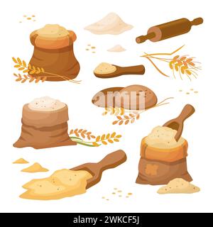 Sacks with wheat grains and flour. Flour in burlap bag with wooden scoop. Isolated on white background. Set of various flour bales in cartoon style, vector illustration. Stock Vector