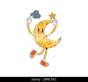 Cartoon retro groovy moon character dance with star and cloud. Isolated vector vibrant, psychedelic crescent personage with craters, gloves, sneakers and wide grin exudes a laid-back, vintage 70s vibe Stock Vector