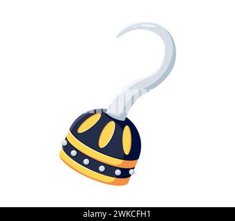 Cartoon pirate hook, captain or corsair sailor hand prosthesis, crafted from shiny metal. Isolated vector menacing weapon, dangerous buccaneer accessory symbolizes adventure, danger, and daring spirit Stock Vector